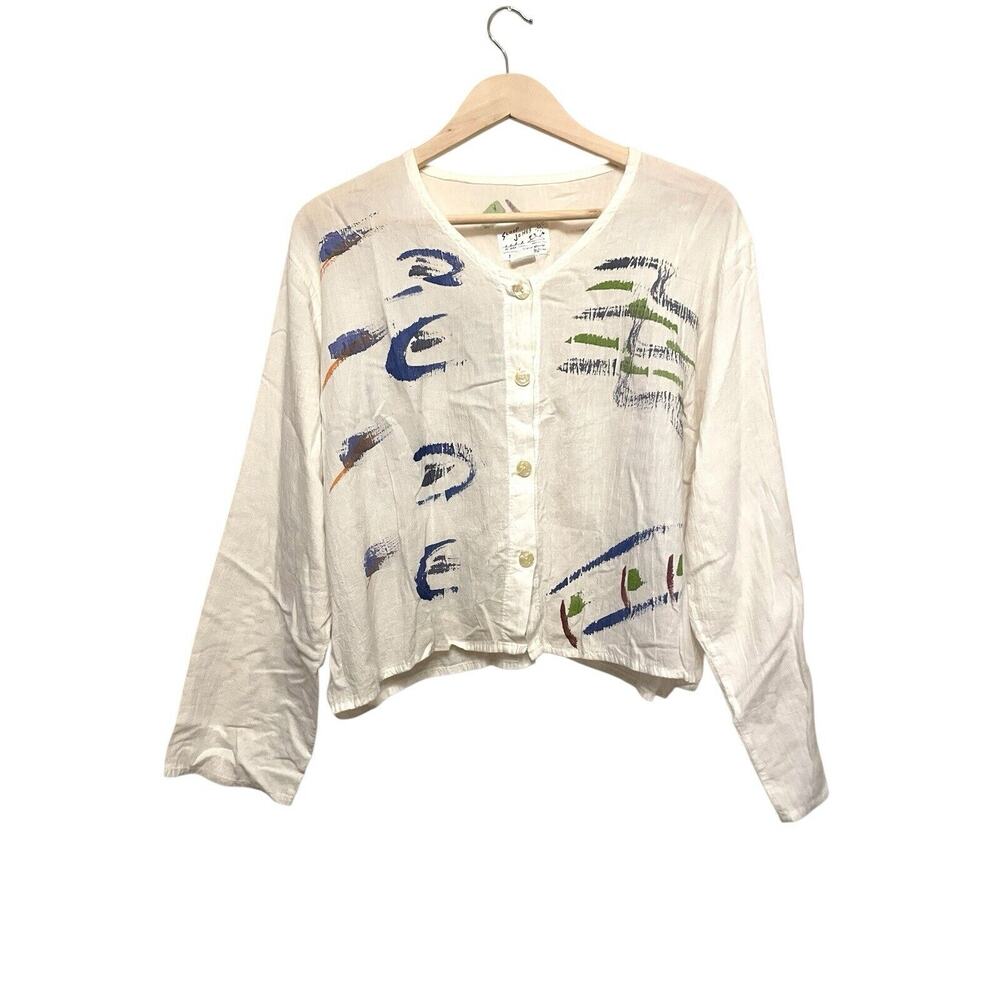 Sloop Jones Art To Wear Crop Button Shirt Women Size Medium‎ White Hand Painted